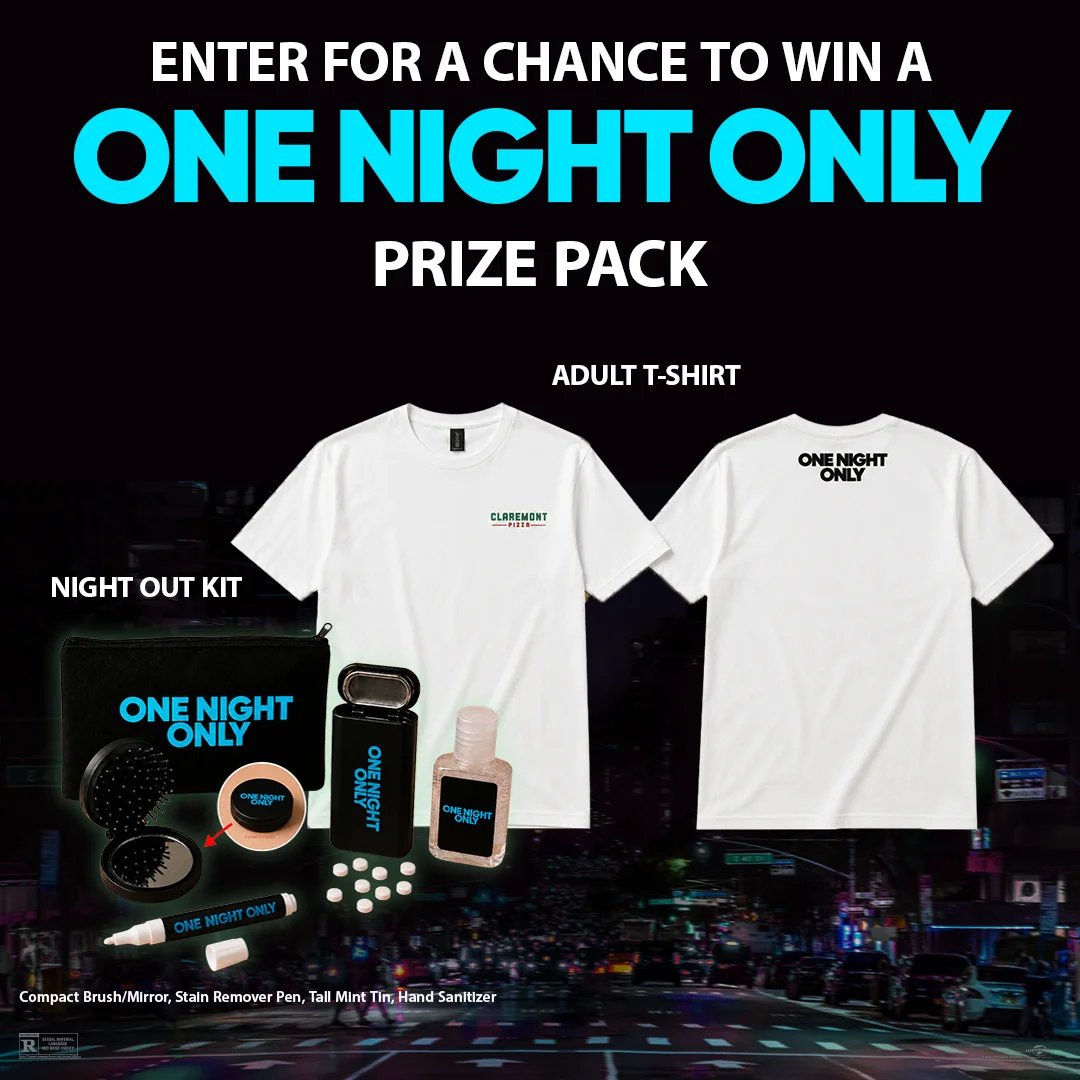 One Night Only shirt and night out kit containing compact brush/mirror, stain remover pen, tall mint tin, hand sanitizer