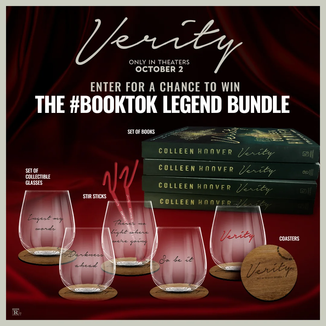 image of books, wine glasses, coasters & drink stirrers to promote the film Verity