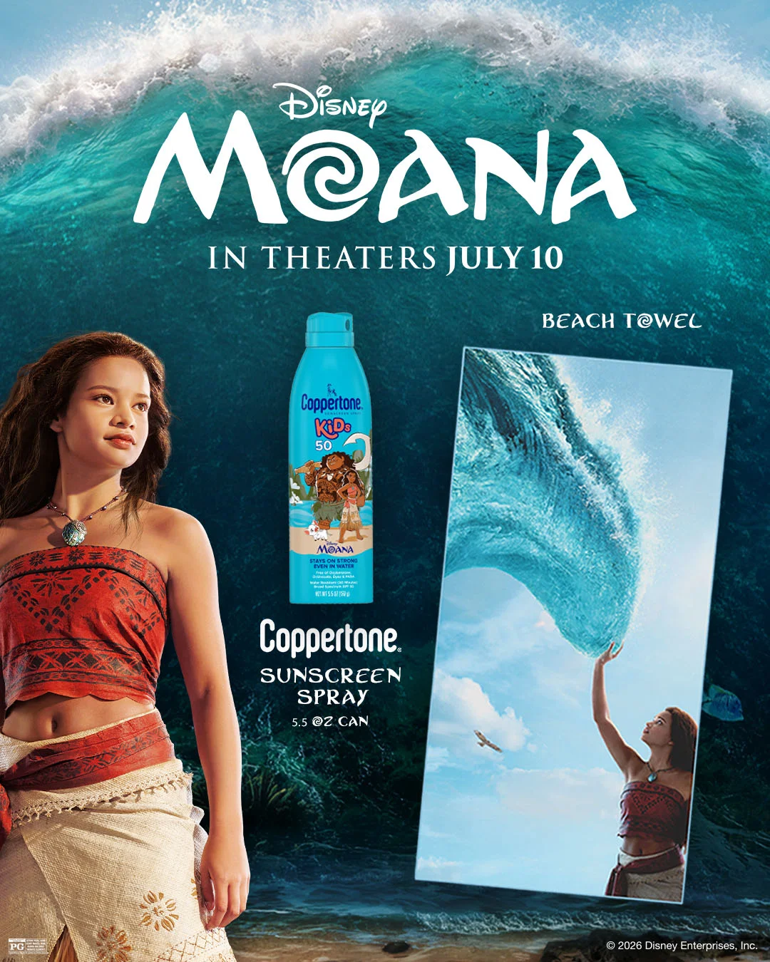 Image of Moana, beach towel and sunscreen spray bottle