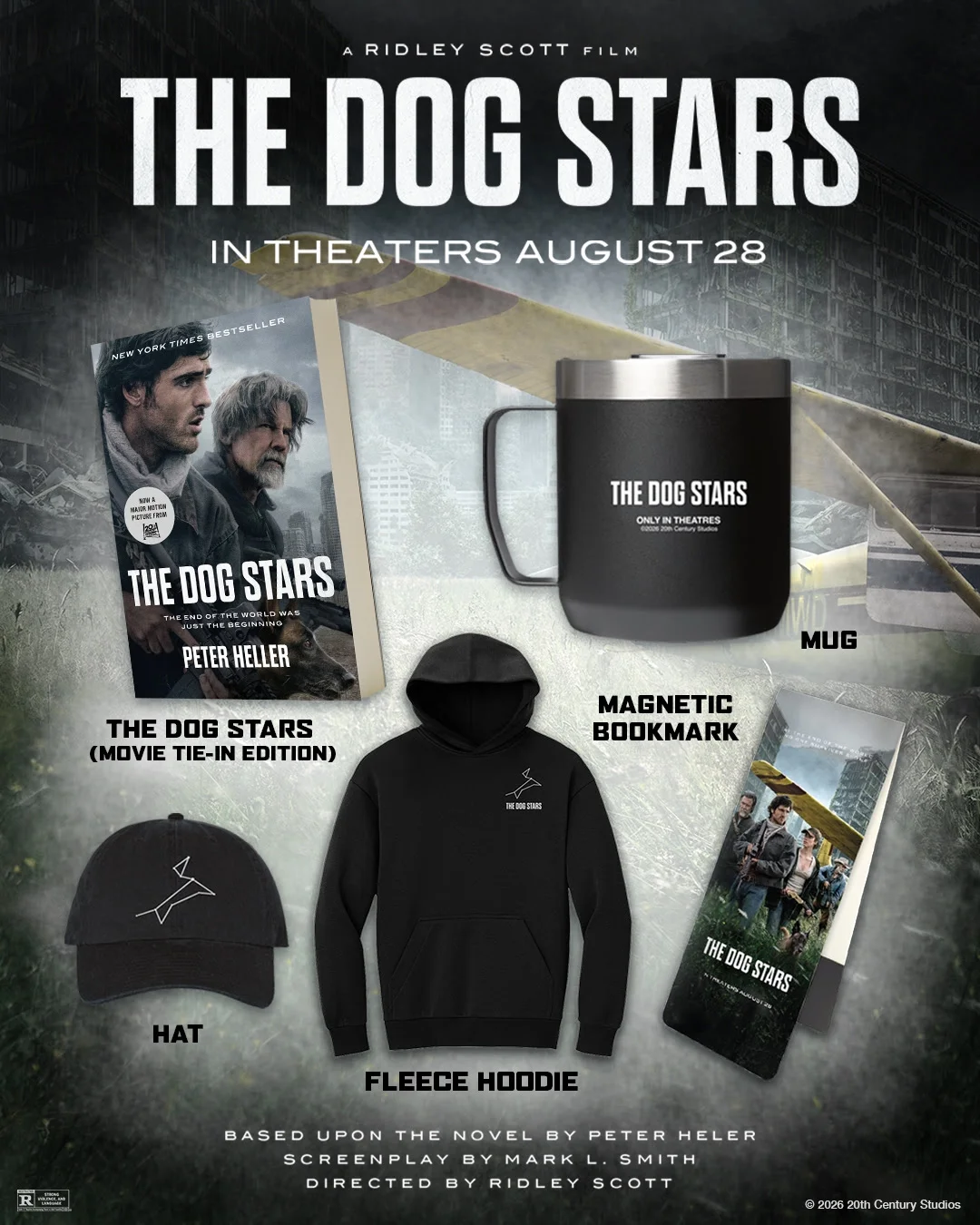 Photo of The Dog Stars themed items: book, mug, magnetic bookmark, fleece hoodie &amp; hat