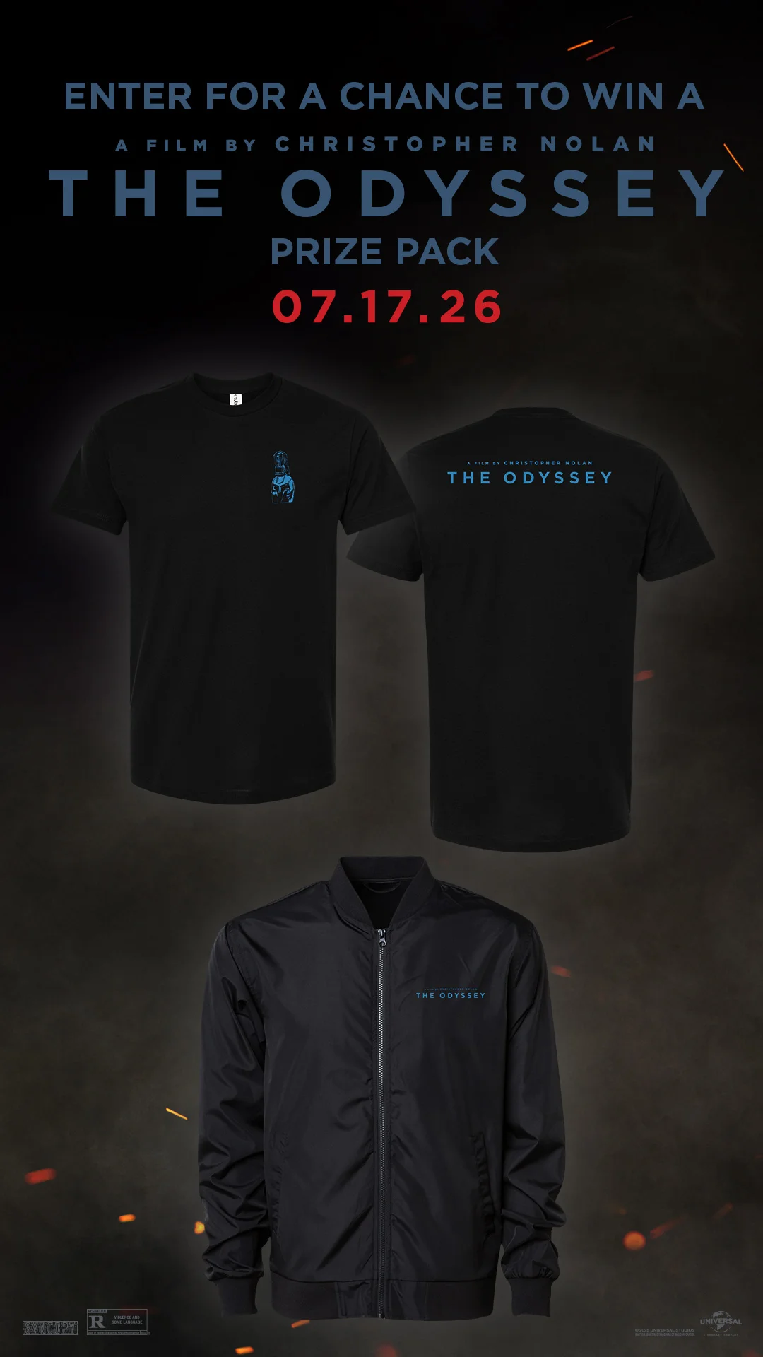 Image of tshirt and jacket branded with The Odyssey