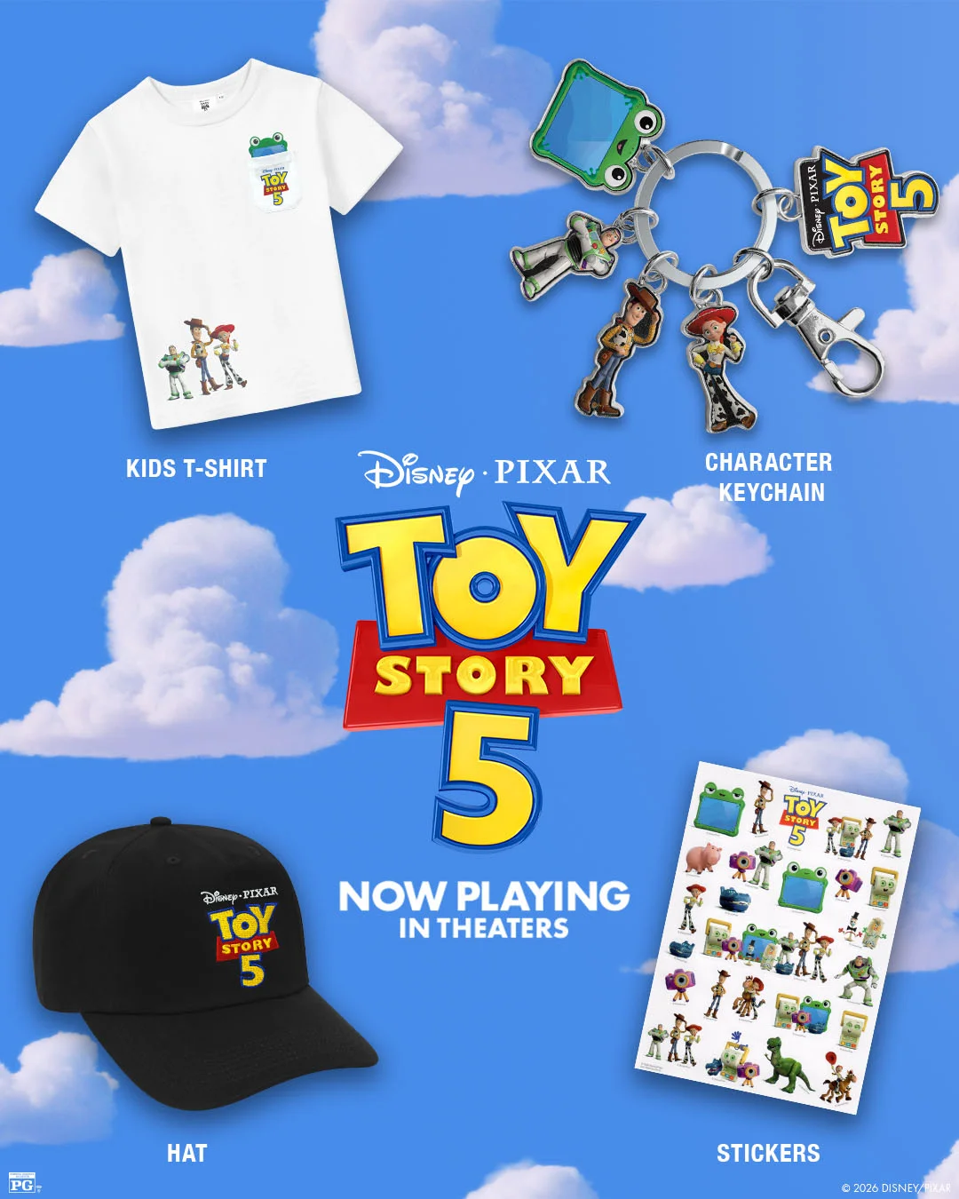 image of kids t-shirt, character key chain, hat, and stickers. all themed to Toy Story 5